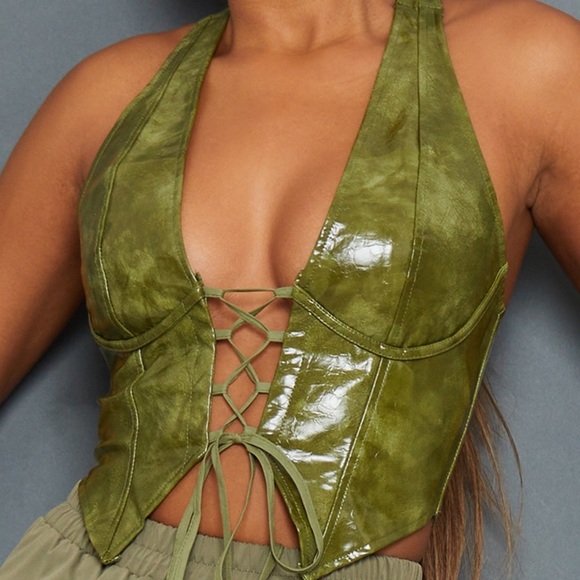 Pretty Little Thing Olive Washed Faux Leather Lace Up Plunge Halterneck Top - Picture 2 of 6